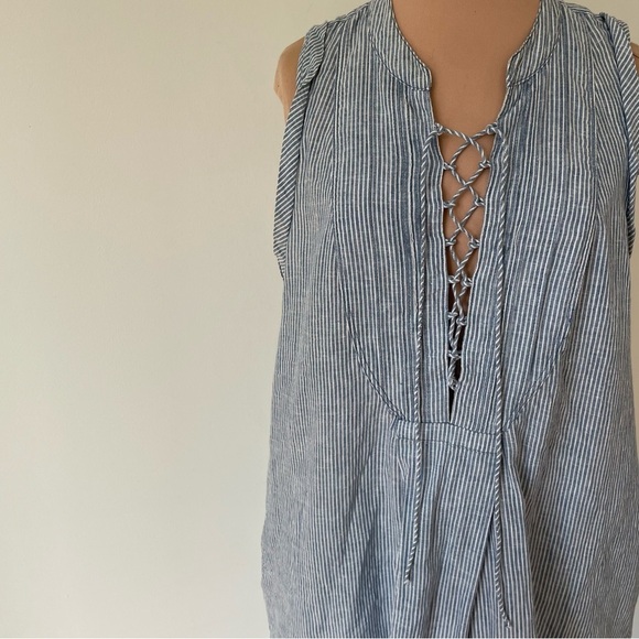 Free People Off Poplin Blue Stripe Chambray Combo Lace Up Mini Dress EUC Size S - Picture 7 of 12
